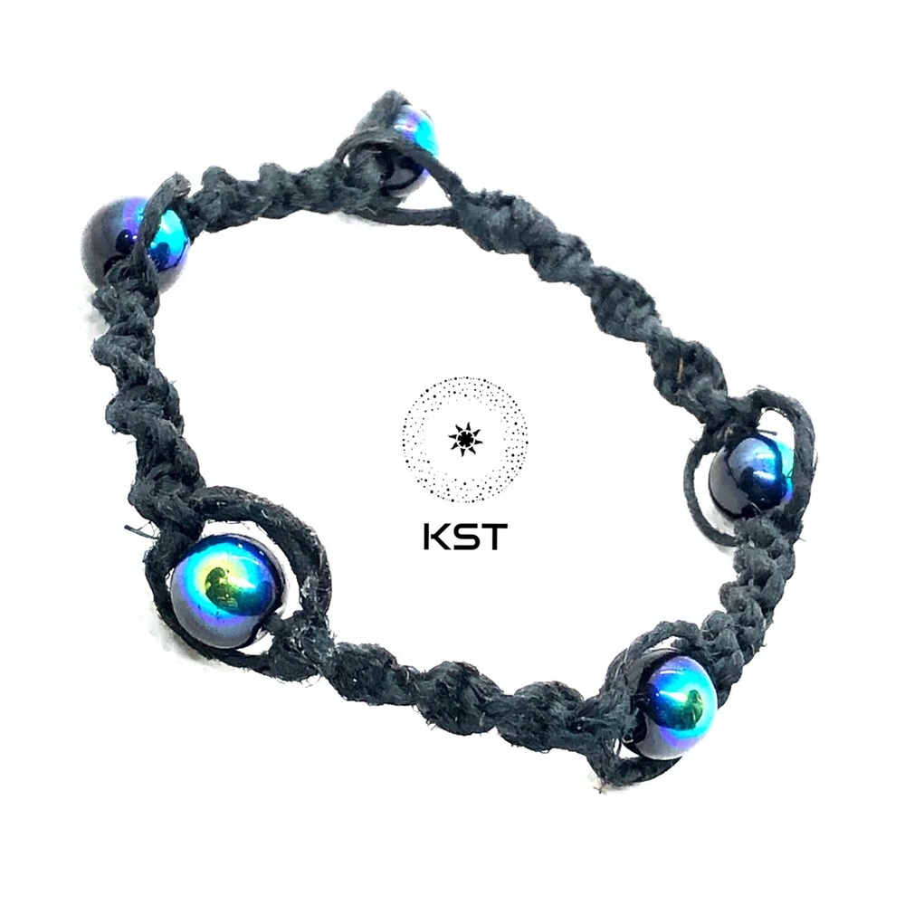 Black Iridescent Beads on Black Hemp Bracelet